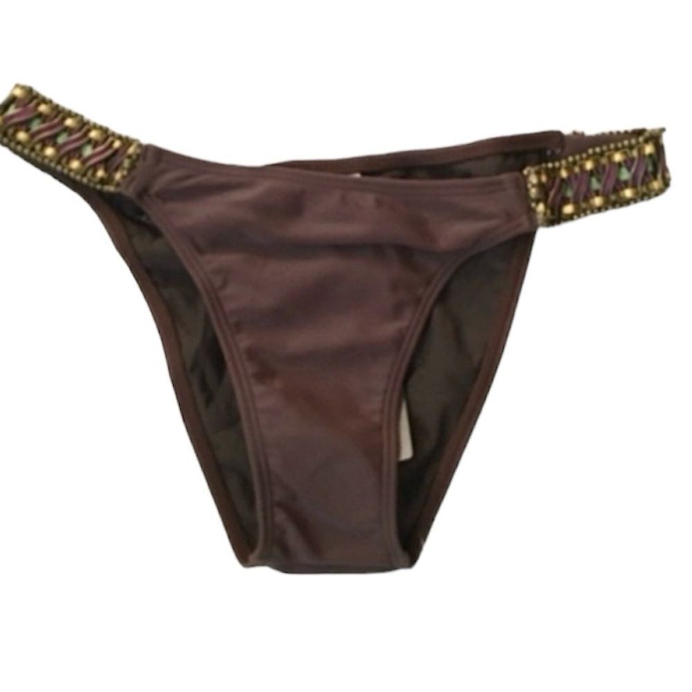 NEW Rygy Swimwear Women’s Brown Rio Bikini Bottom with Embroidery Size L